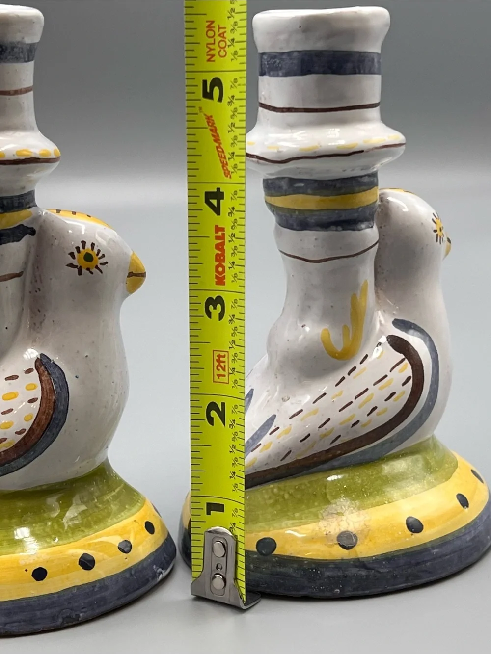 Vintage Portuguese Pottery Candlestick Holder Bird Yellow Blue Authorized Copy